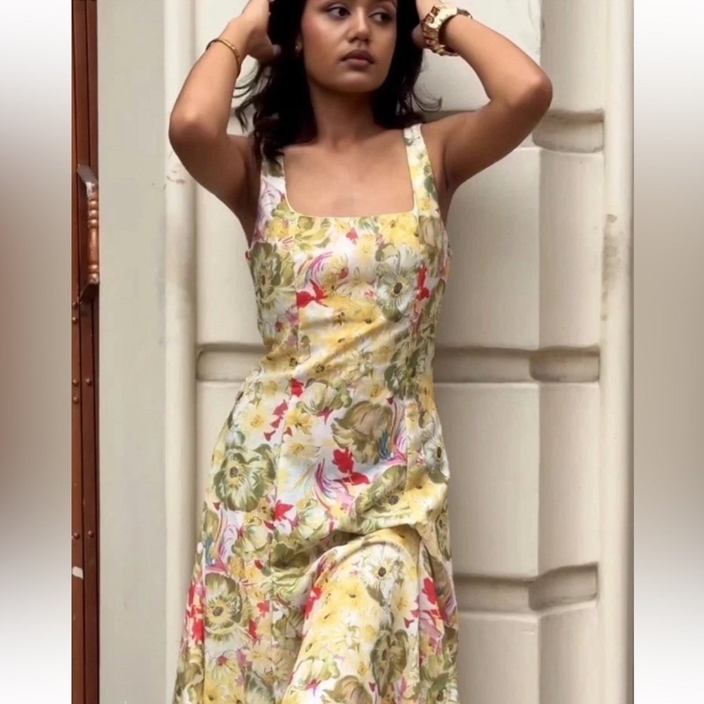 NWT Zara Linen Blend Yellow Dress ZW Collection Floral Wedding Guest M - Picture 13 of 16